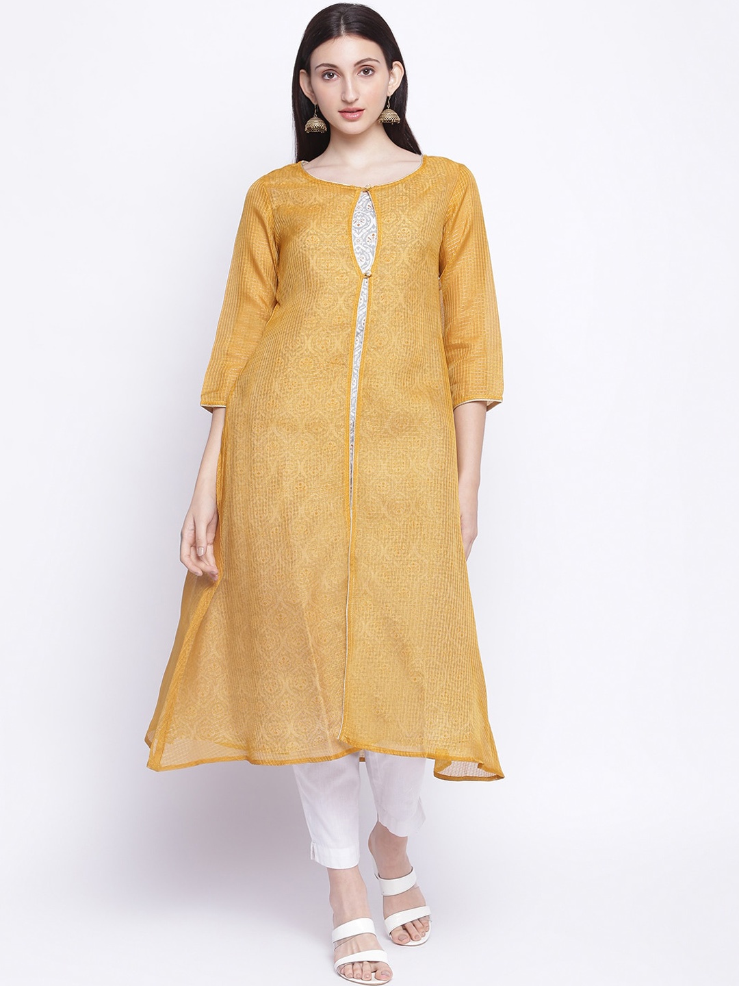 

IMARA Women Mustard Yellow Ethnic Motifs Printed Chanderi Silk Kurta