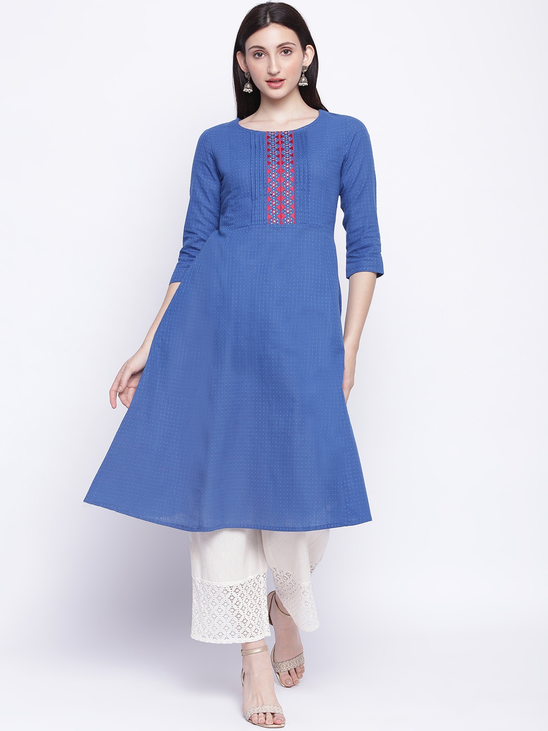 

IMARA Women Blue & Pink Checked Thread Work Anarkali Kurta