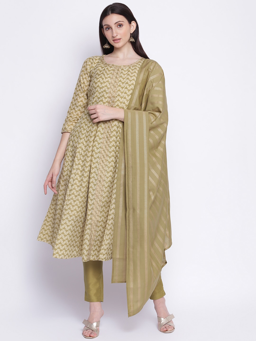 

IMARA Woman Green Ethnic Motifs Printed Chanderi Cotton Kurta with Trousers & Dupatta