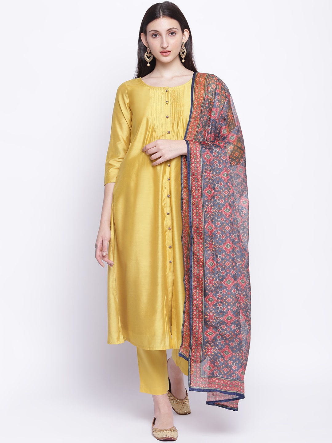 

IMARA Women Mustard Yellow Chanderi Cotton Kurta with Trousers & With Dupatta