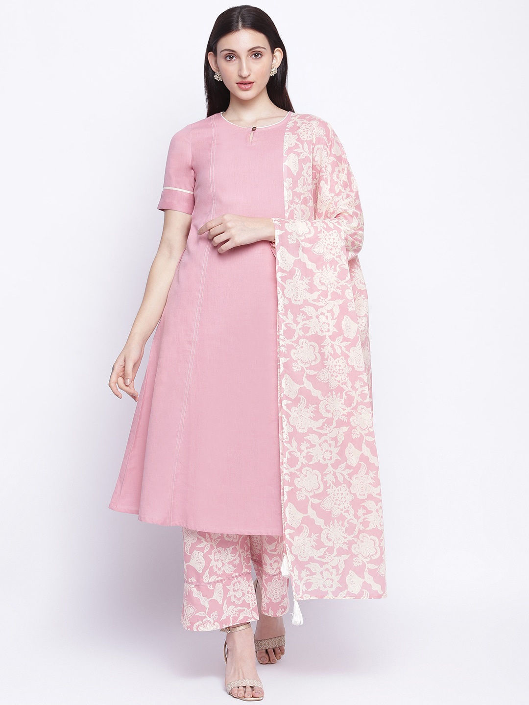 

IMARA Women Pink Pleated Kurti with Palazzos & With Dupatta