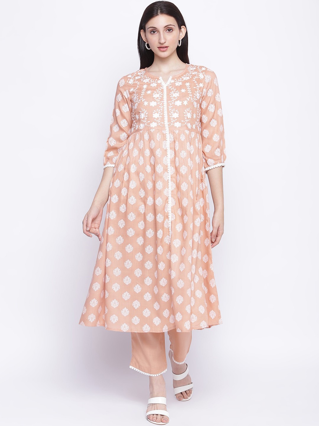 

IMARA Women Nude-Coloured Floral Printed Pleated Kurta With Palazzos