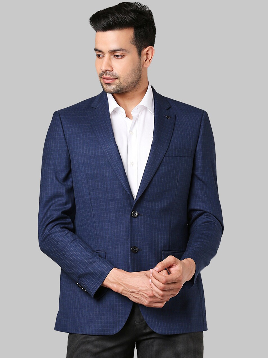 

Raymond Men Navy Blue Checked Single Breasted Formal Blazer