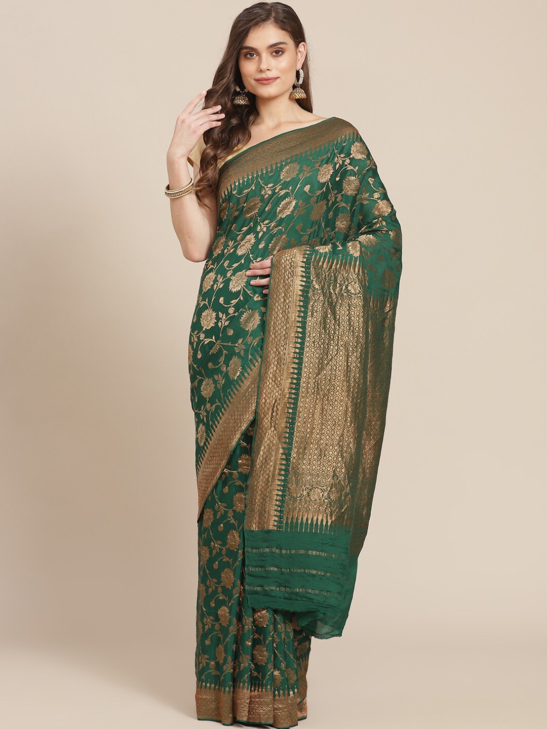 

Meena Bazaar Green & Gold-Coloured Floral Zari Pure Crepe Banarasi Saree