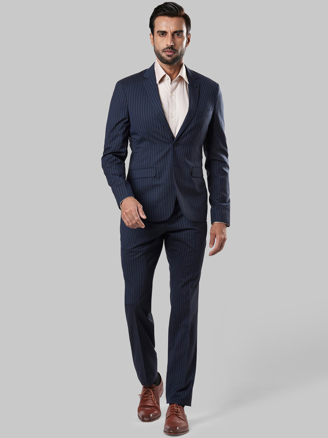 

Raymond Men Blue & Beige Striped Slim-Fit Single-Breasted Two-Piece Formal Suit