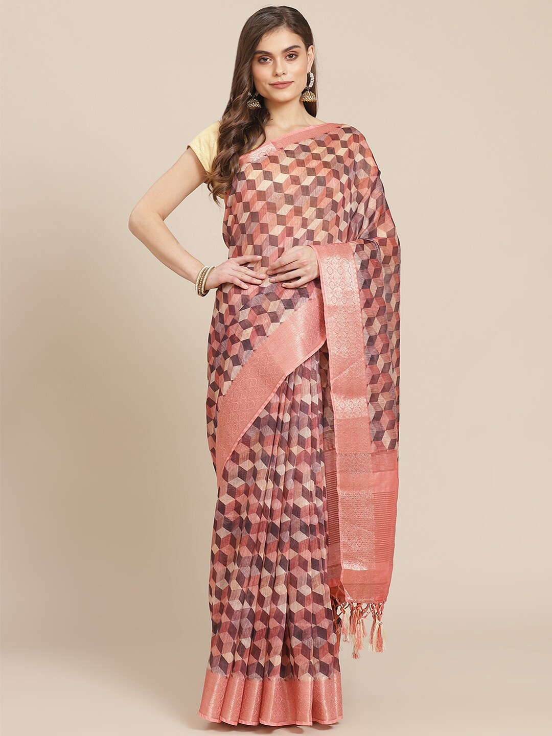 

Meena Bazaar Peach-Coloured & Brown Pure Cotton Banarasi Saree