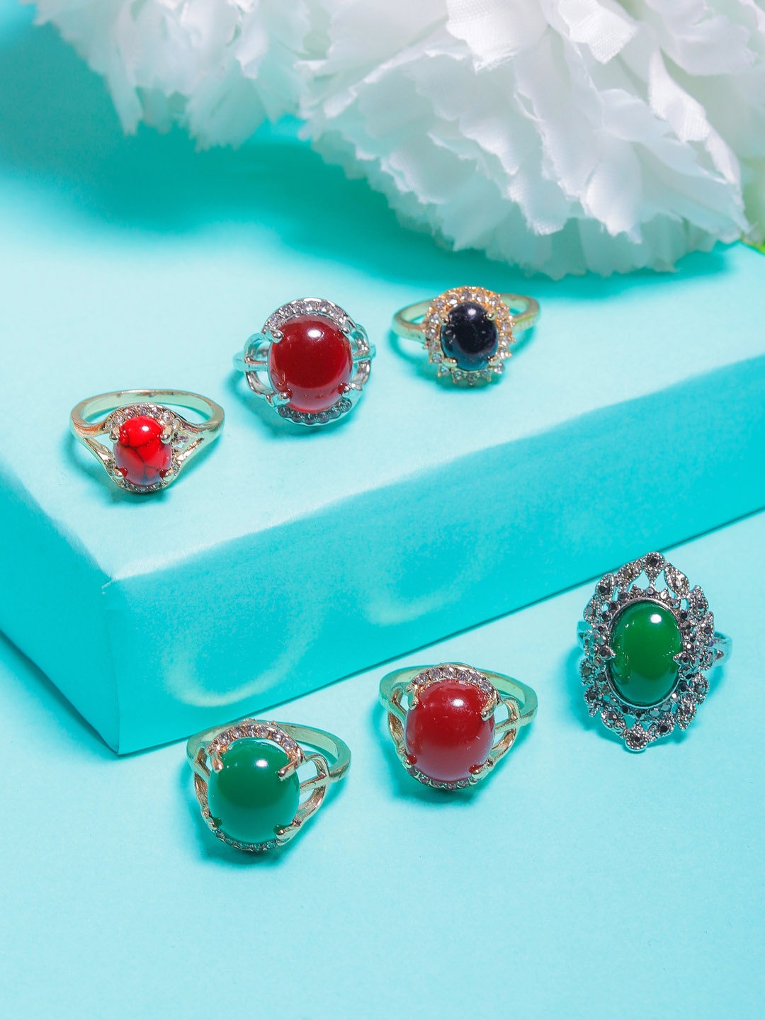 

DIVA WALK Women Set Of 6 Gold-Plated Red & Green Stone Studded Finger Ring