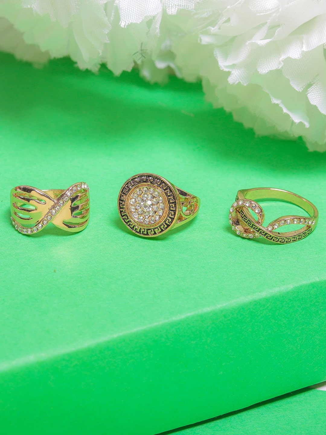 

DIVA WALK Set Of 3 Gold-Plated & White Cubic Zirconia Studded Adjustable Finger Rings