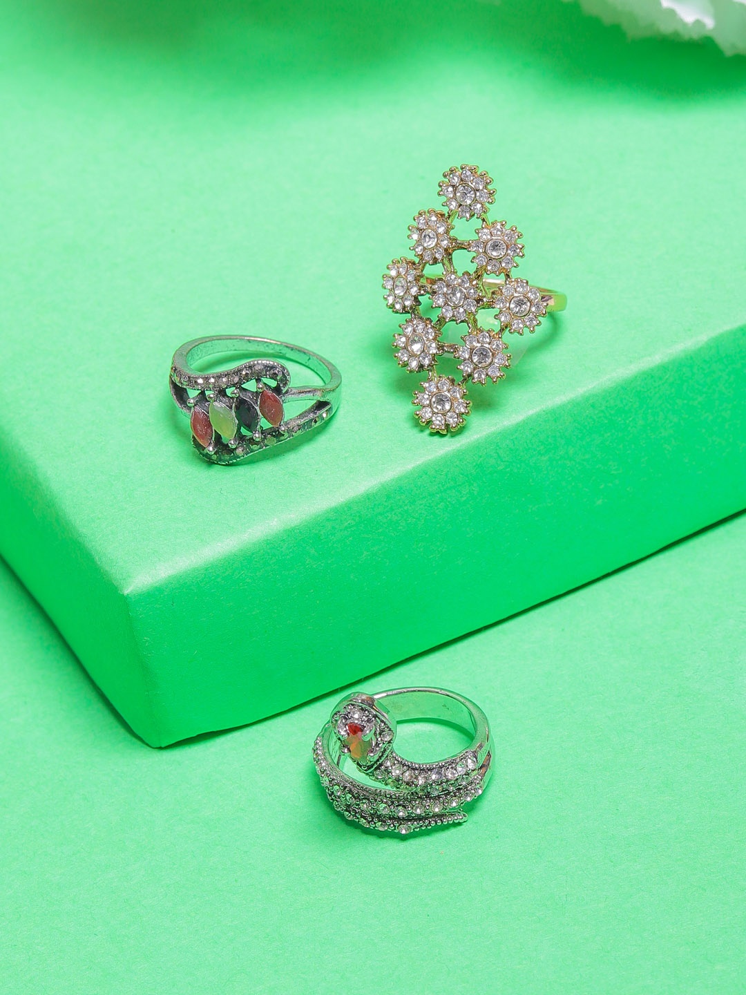 

DIVA WALK Set Of 4 Silver-Plated & Gold-Plated CZ Studded Rings, Multi