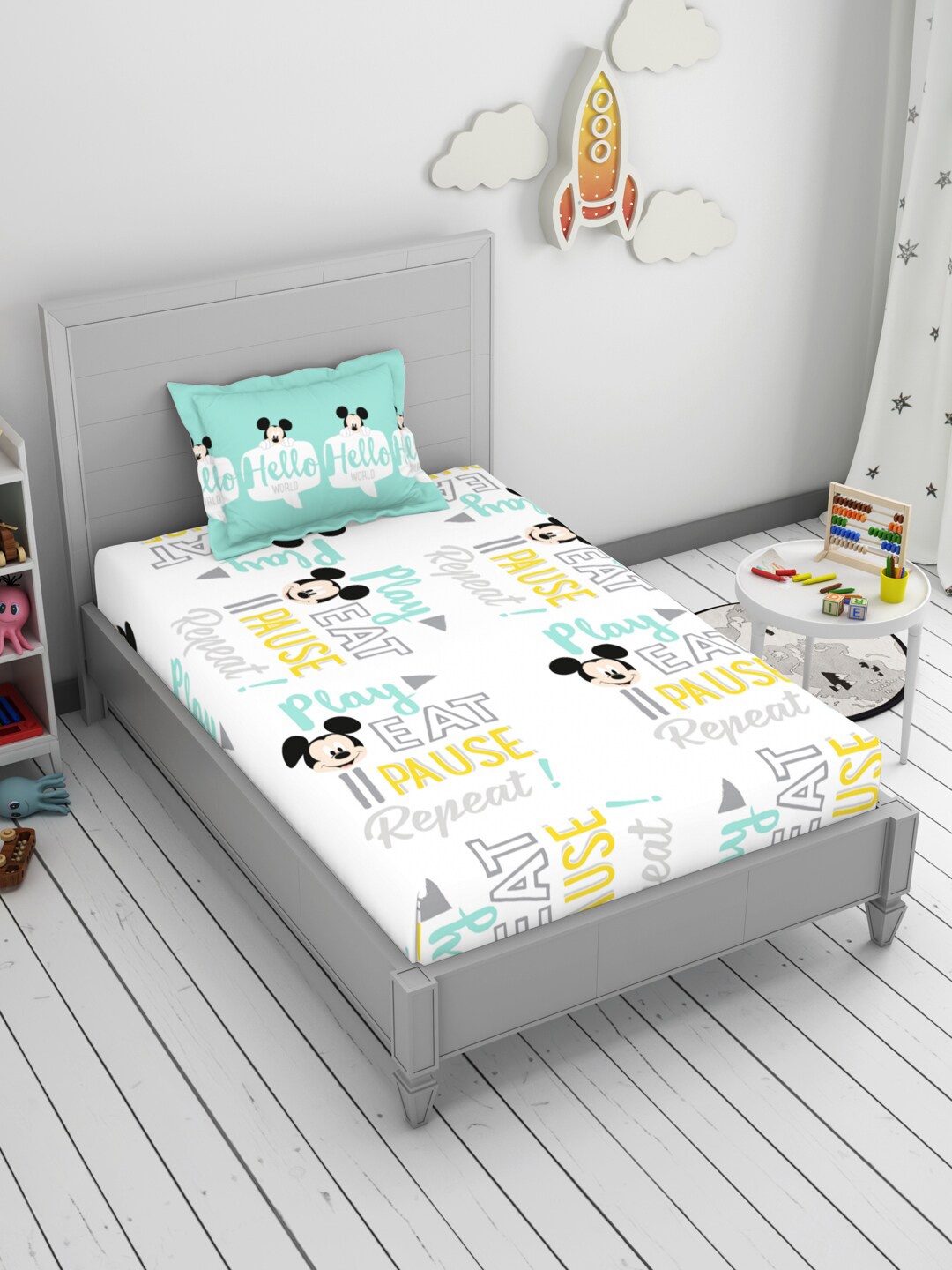 

CORE Designed by SPACES White & Green Mickey Printed 144 TC Single Bedsheet Set