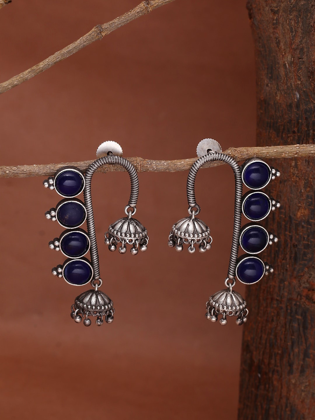 

Shoshaa Blue Silver-Plated Oxidised Contemporary Drop Earrings