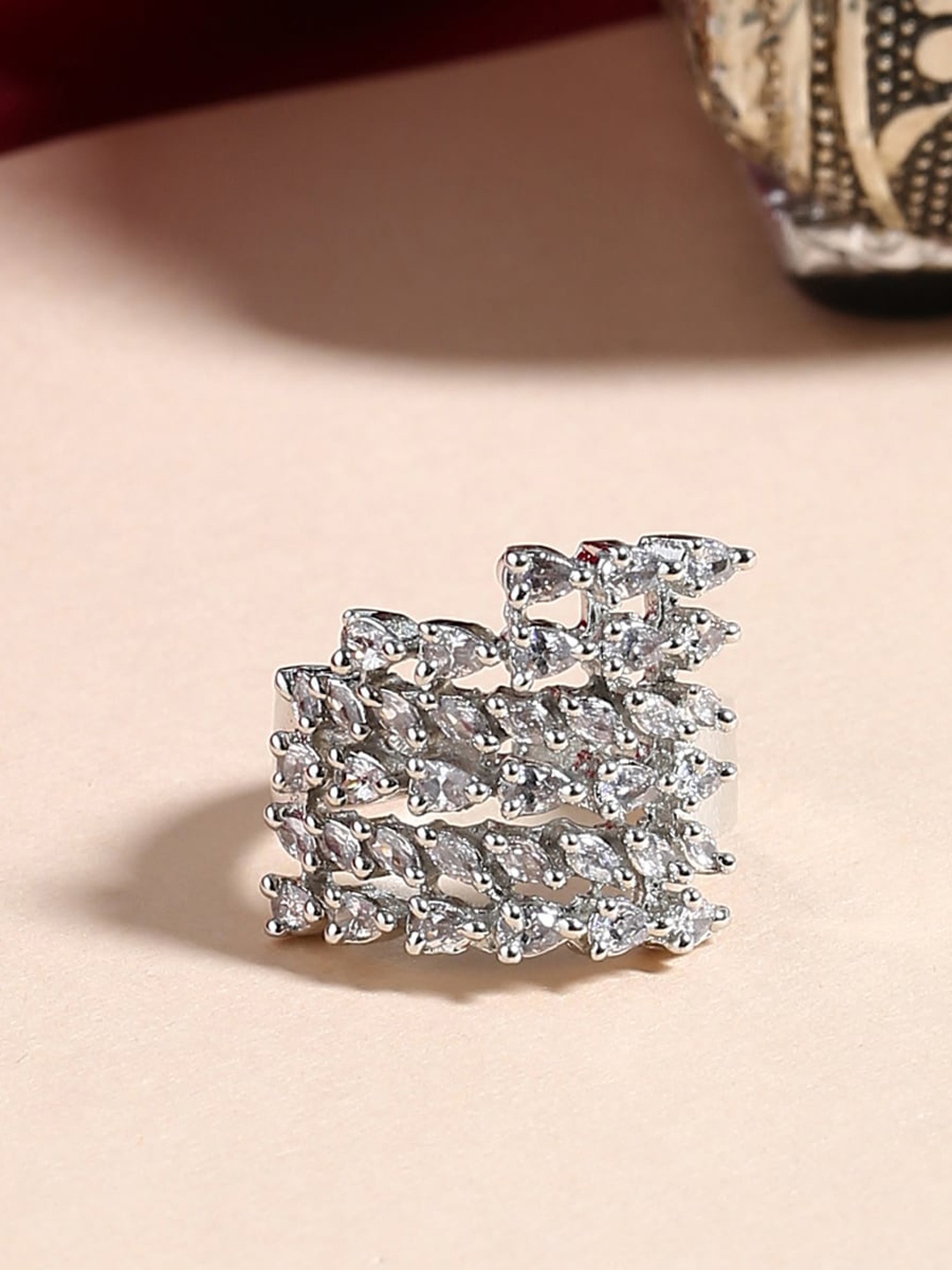 

Shoshaa Oxidised Silver-Plated White CZ-Studded Finger Ring