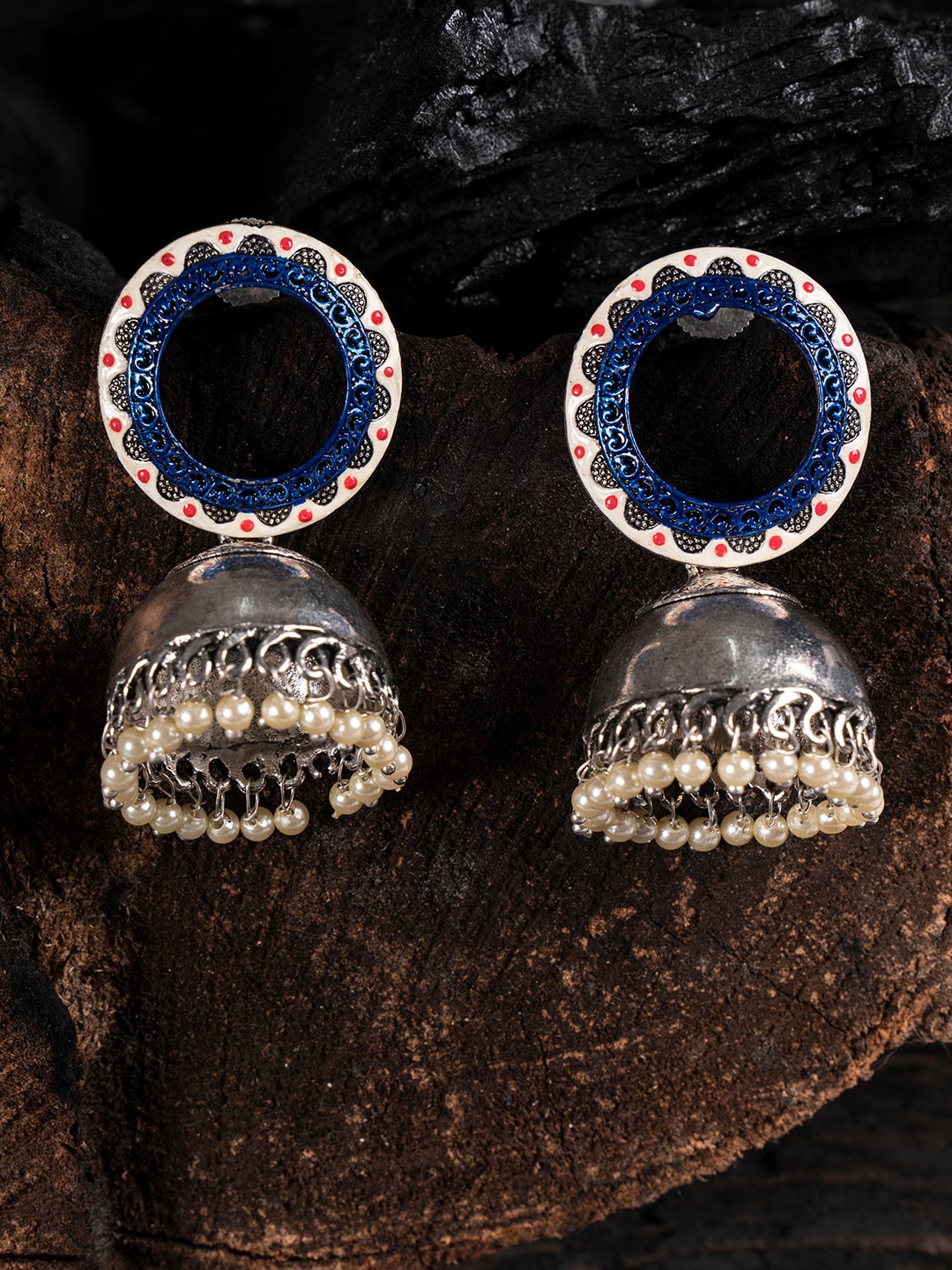 

Shoshaa Silver-Toned & Blue Geometric Jhumkas Earrings