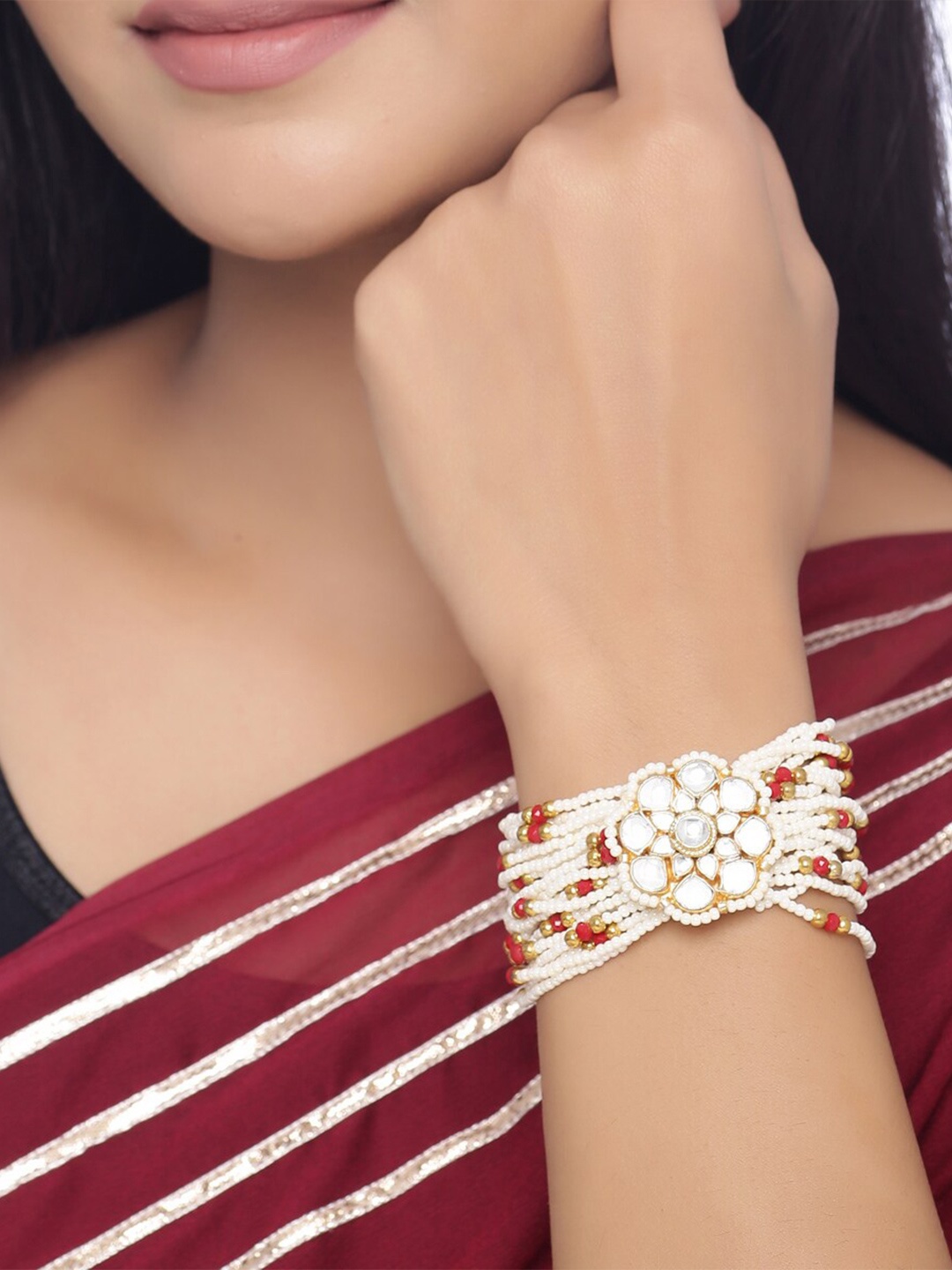 

Shoshaa Women Gold-Toned & White Brass Kundan Gold-Plated Wraparound Bracelet