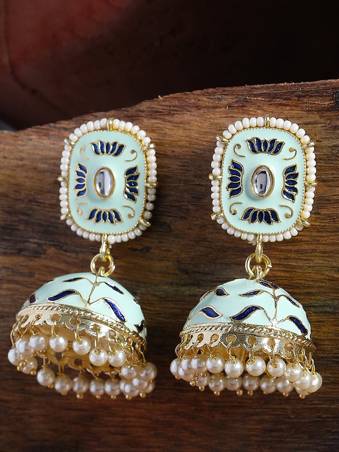 

Shoshaa Turquoise Blue & Gold-Toned Dome Shaped Jhumkas Earrings