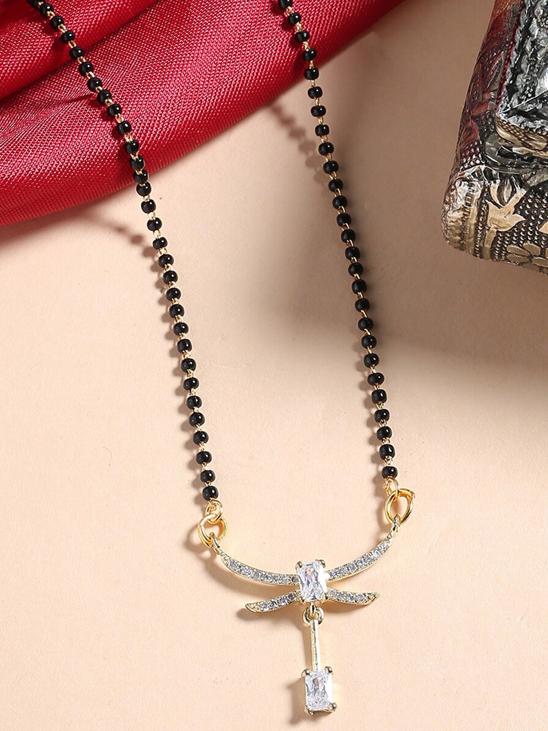 

Shoshaa Gold-Plated & Black Studded & Beaded Mangalsutra