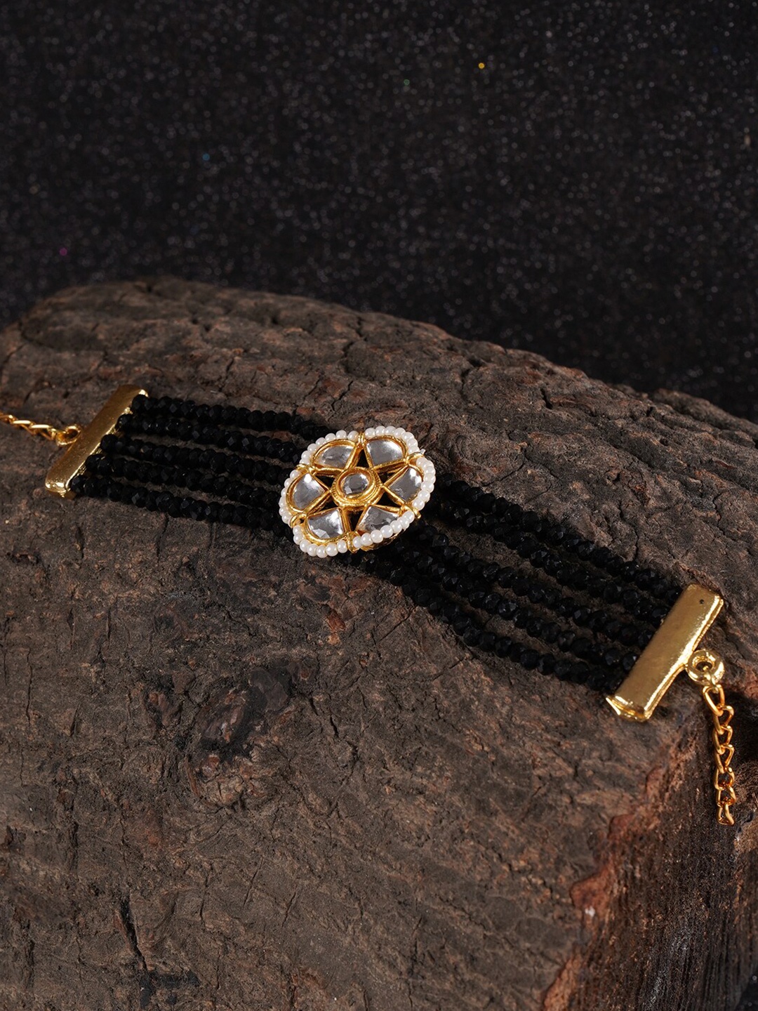 

Shoshaa Women Gold-Plated & Black Brass Kundan Wraparound Bracelet