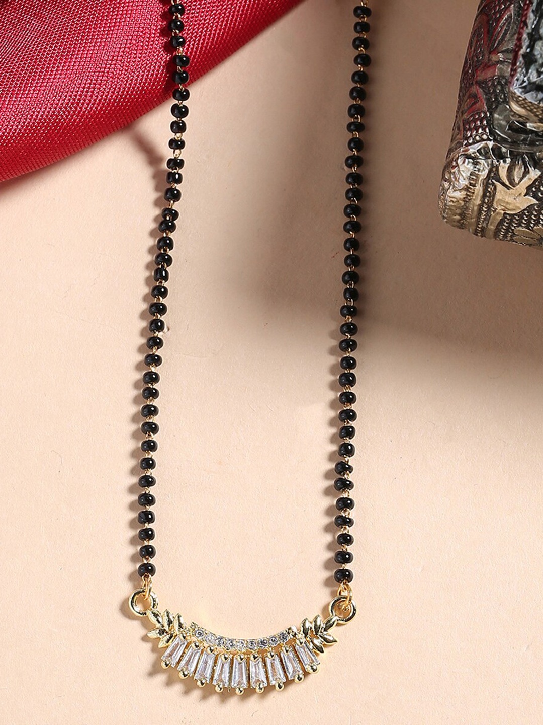 

Shoshaa Gold-Plated Black & White Stone-Studded & Beaded Mangalsutra