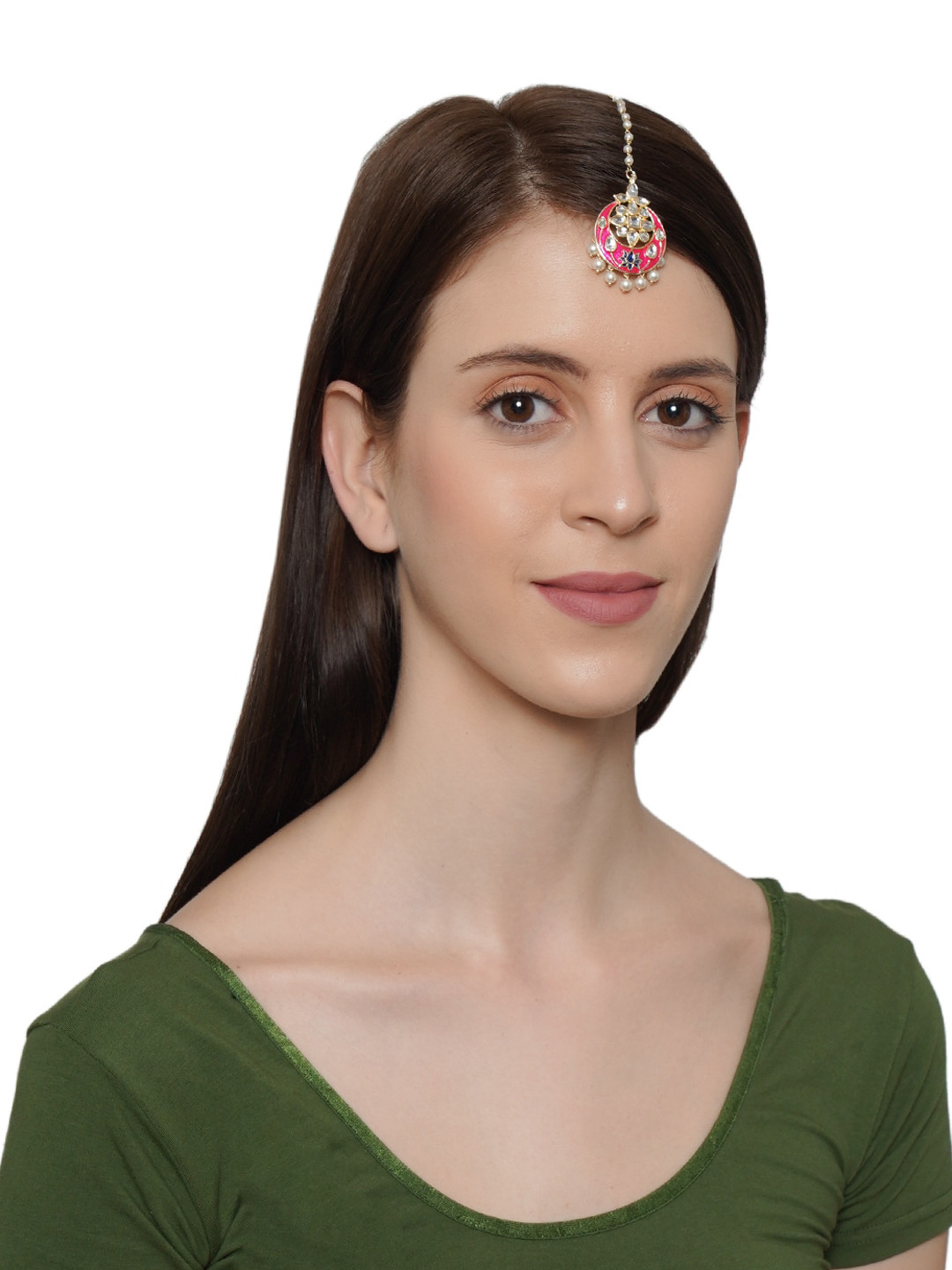 

Gold-Plated Pink & White Kundan Studded & Pearl Beadded Maang Tikka