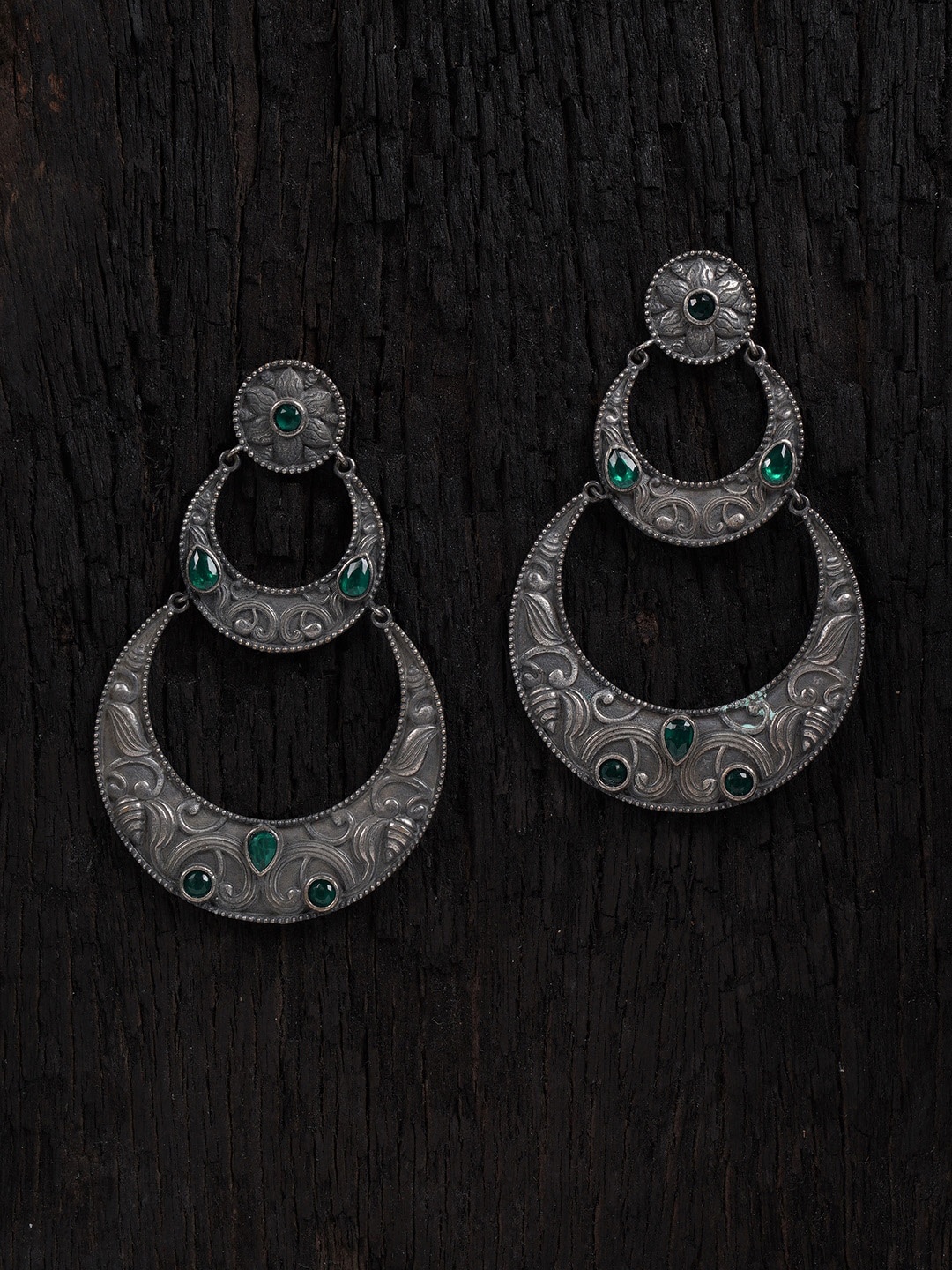 

Shoshaa Silver-Toned & Green Contemporary Chandbalis Earrings