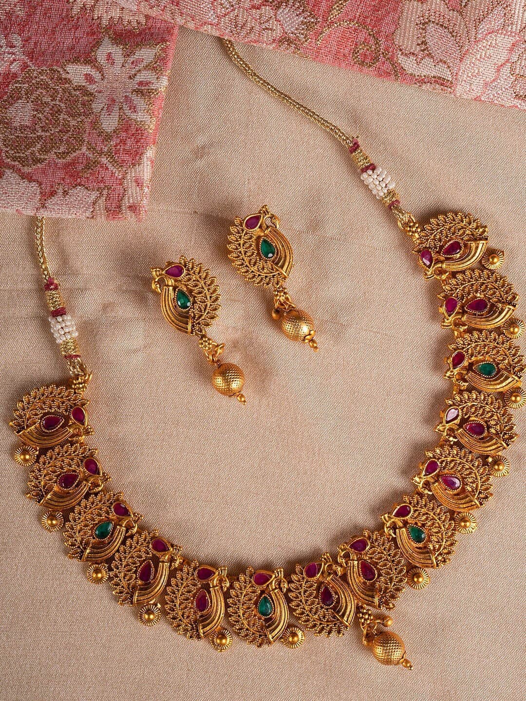 

Shoshaa Gold-Plated Red & Green Stone-Studded Temple Jewellery Set