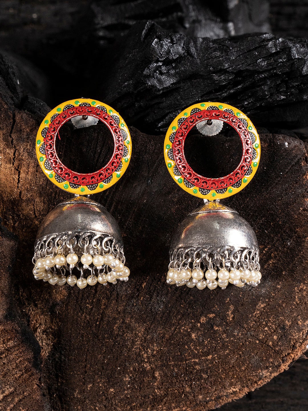 

Shoshaa Silver-Toned & Red Contemporary Jhumkas Earrings