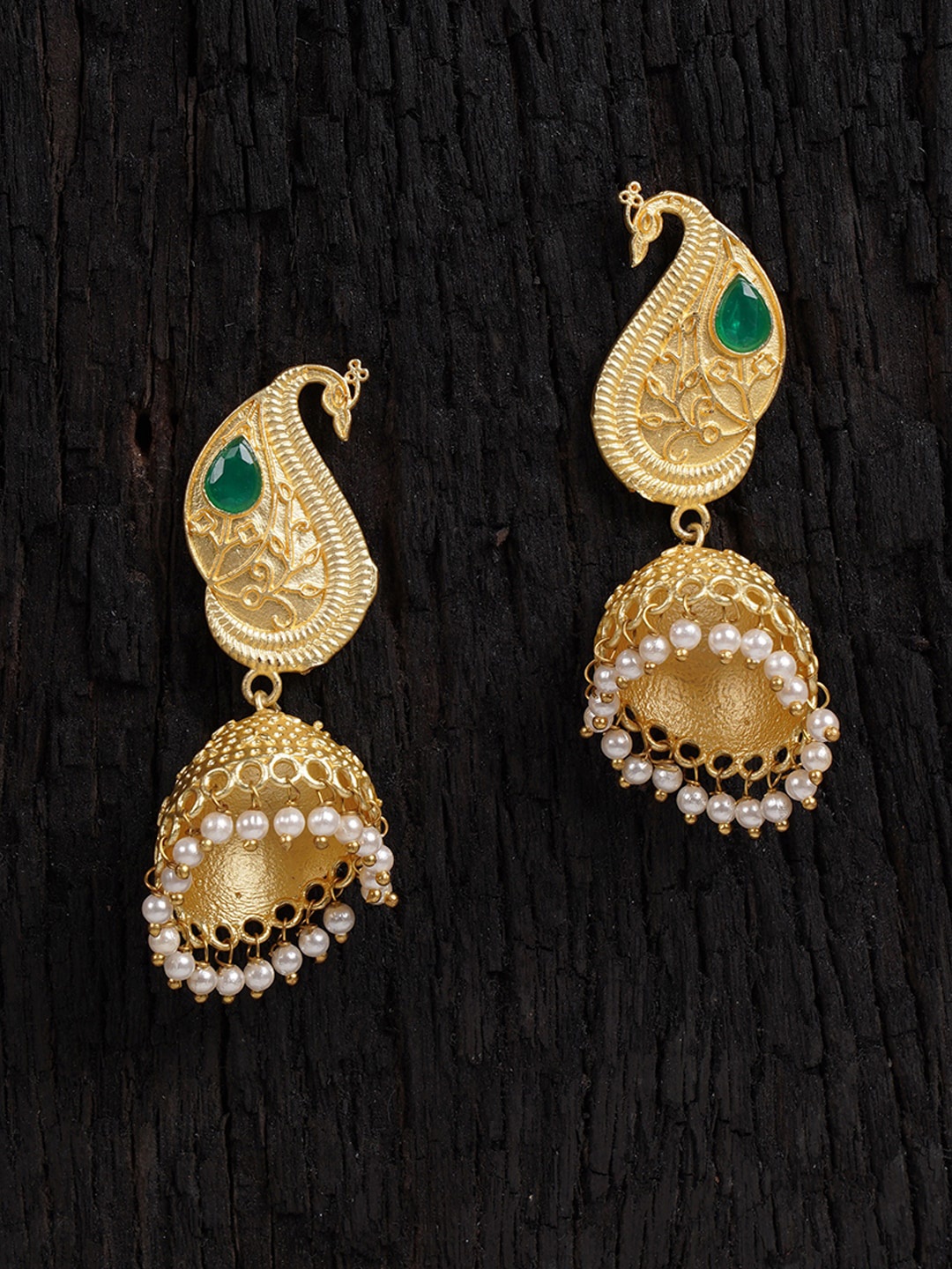 

Shoshaa Gold-Toned & Green Peacock Shaped Jhumkas Earrings
