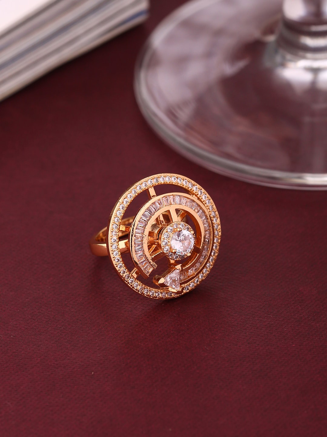 

Shoshaa Gold-Plated & White Stone-Studded Adjustable Finger Ring