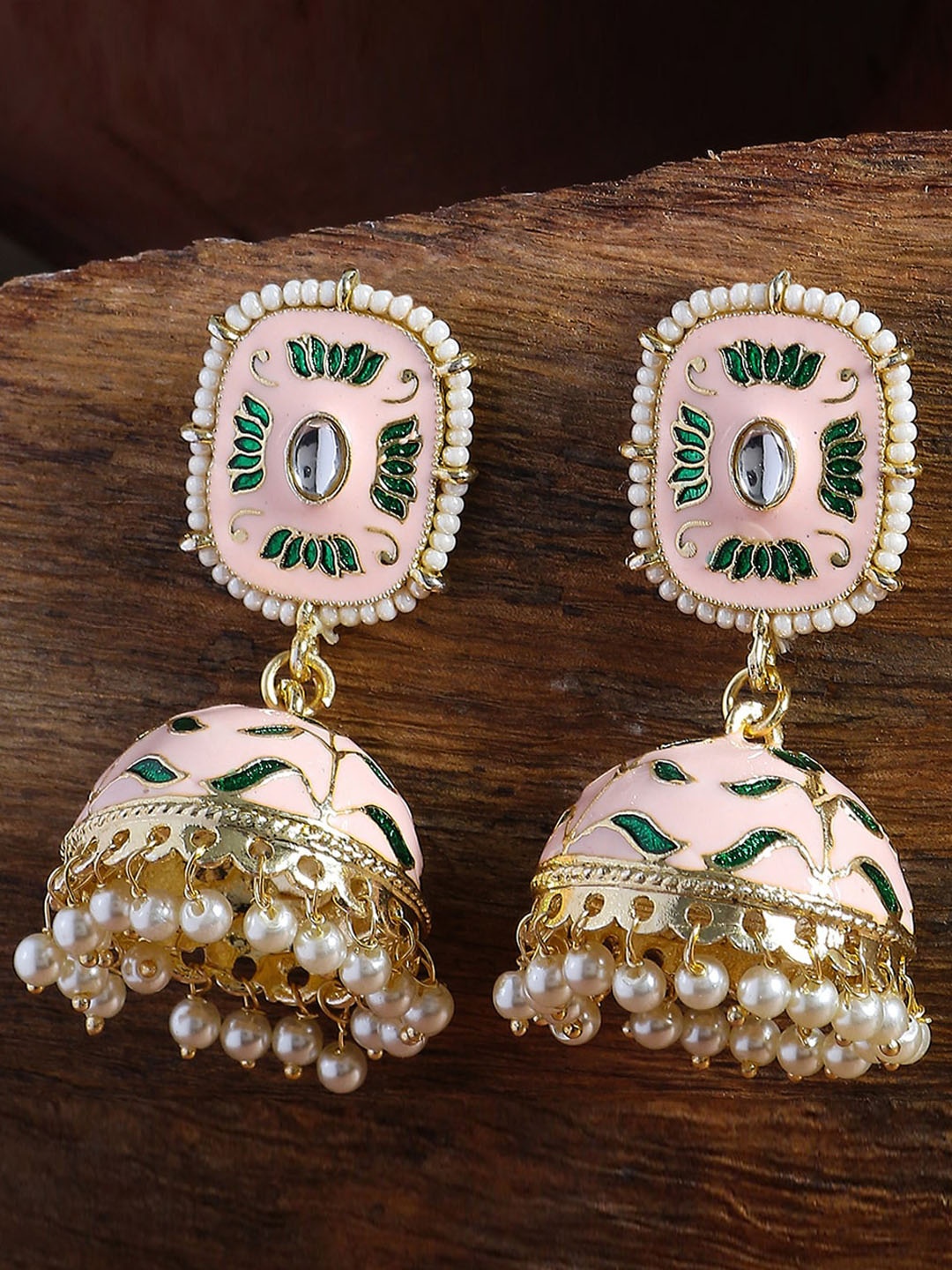 

Shoshaa Pink & White Dome Shaped Jhumkas Earrings