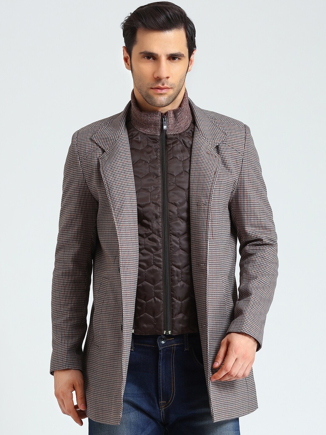 

LURE URBAN Men Brown Checked Trench Coat