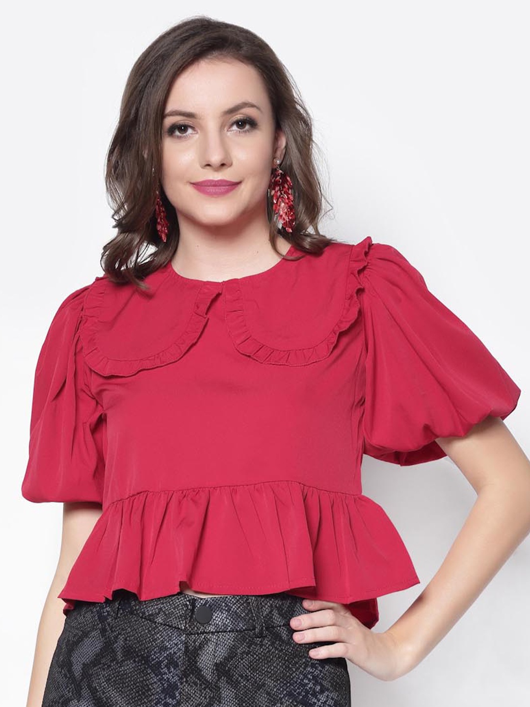 

Sera Women Maroon Solid Peter Pan Collar Peplum Top