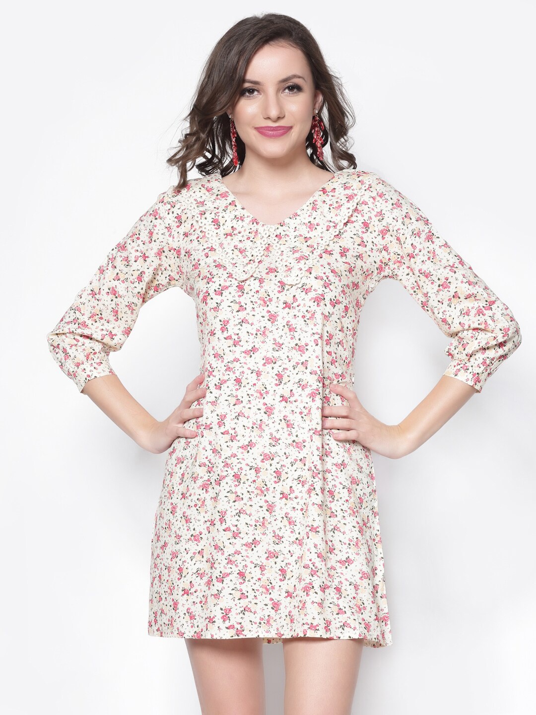 

Sera Women Off White & Pink Floral Peter Pan Collar A-Line Dress