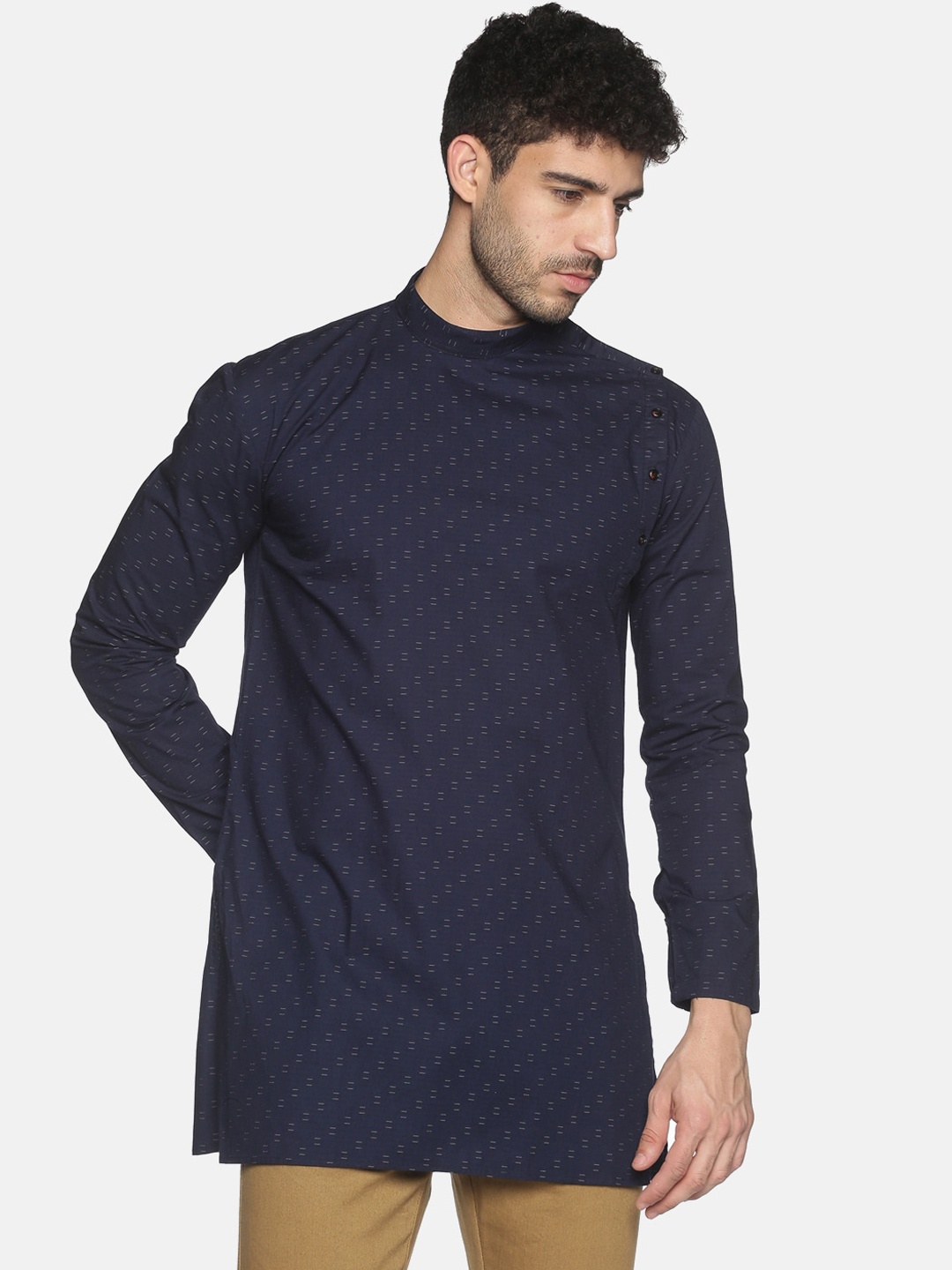 

SHOWOFF Men Navy Blue Mandarin Collar Kurta