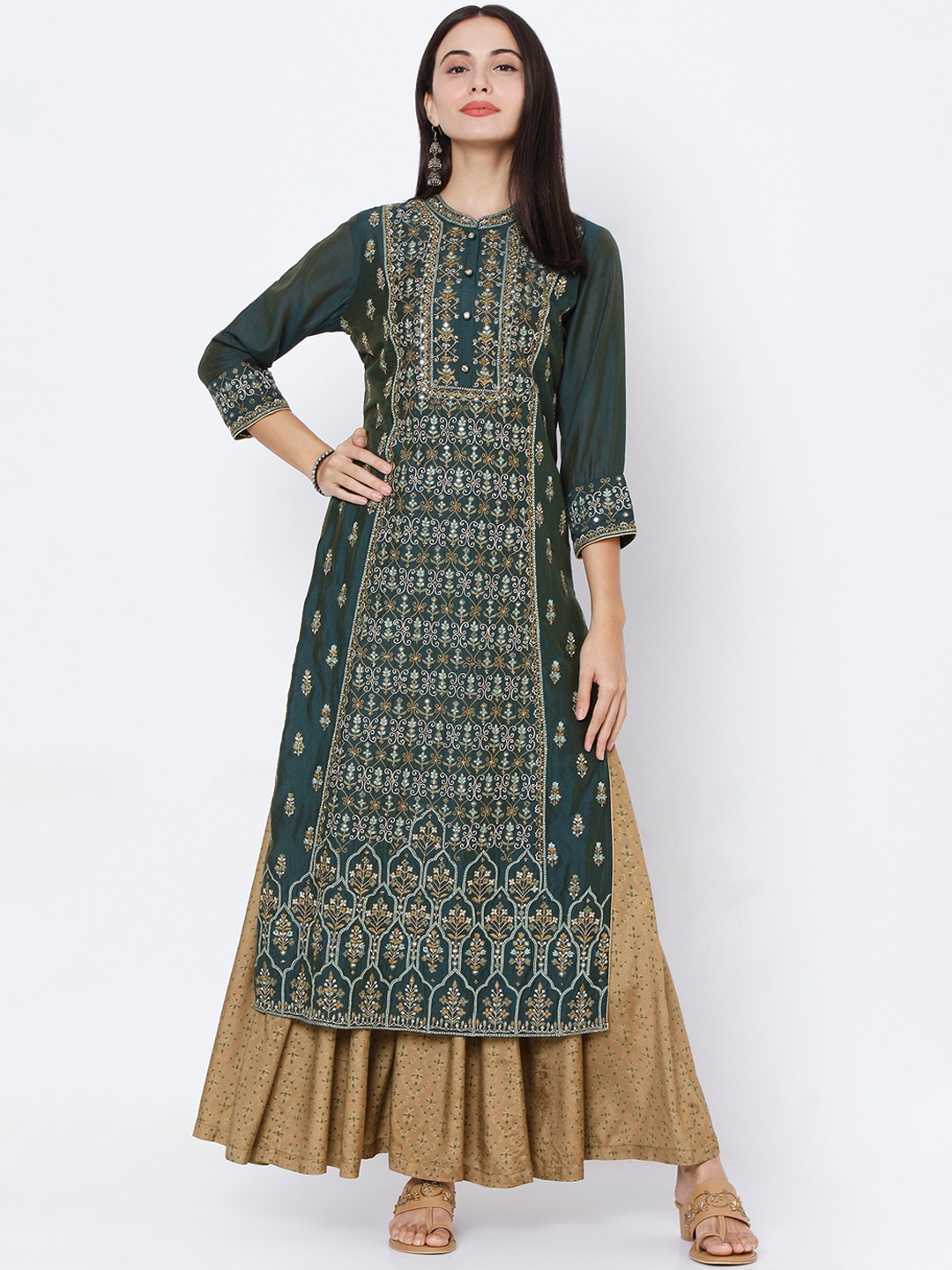 

Ojas Designs Woman Navy Blue Ethnic Motifs Printed Chanderi Silk Kurta with Skirt