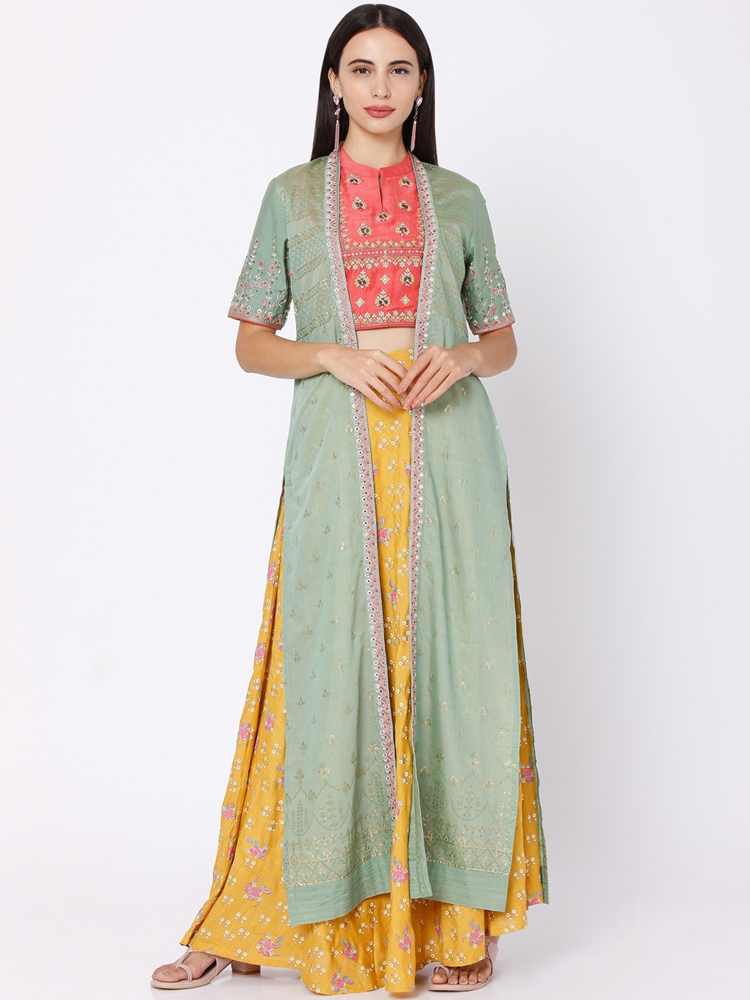 

Ojas Designs Women Sea Green Ethnic Motifs Printed Chanderi Silk Kurta With Skirt