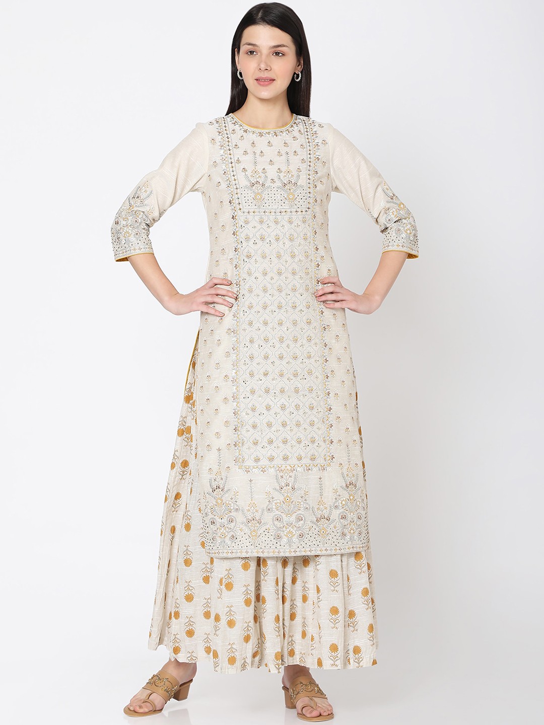 

Ojas Designs Woman Off White Floral Printed Kurta with Palazzos