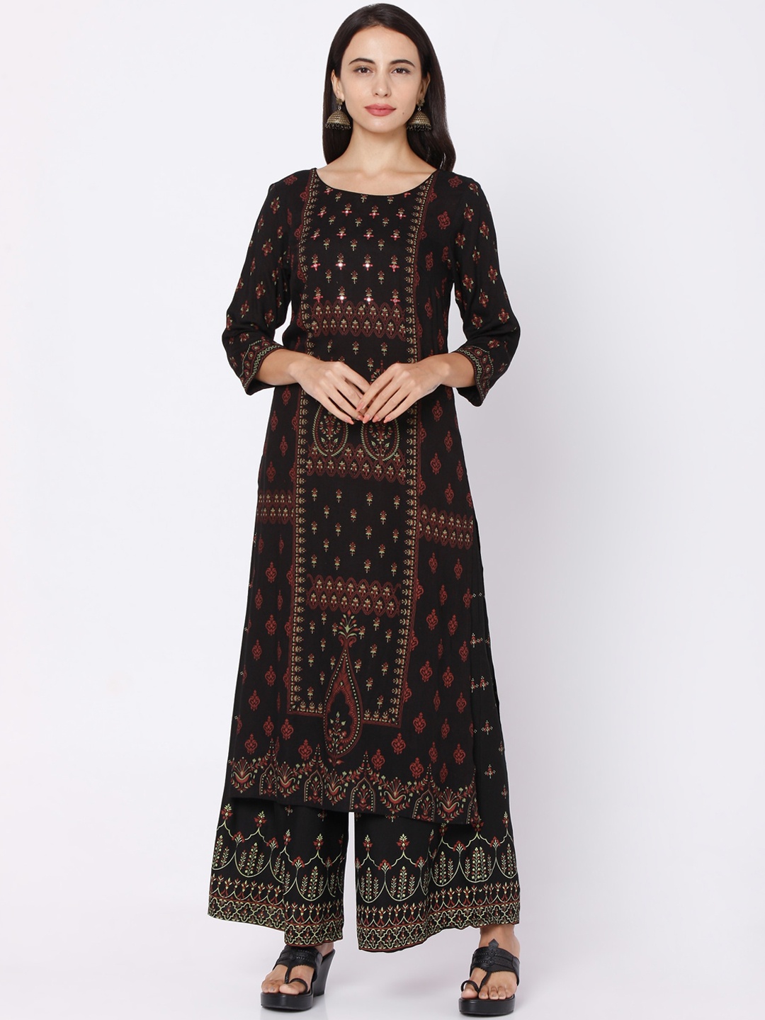 

Ojas Designs Women Black Ethnic Motifs Printed Kurta With Palazzos