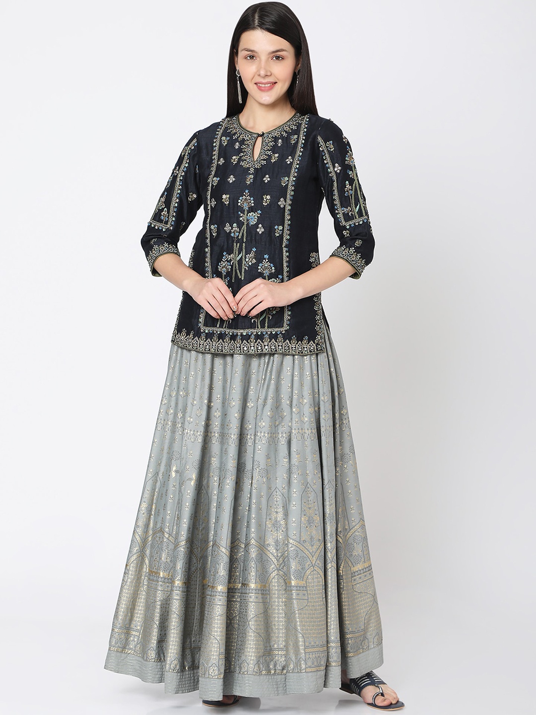 

Ojas Designs Woman Navy Blue Ethnic Motifs Printed Chanderi Silk Kurti with Skirt