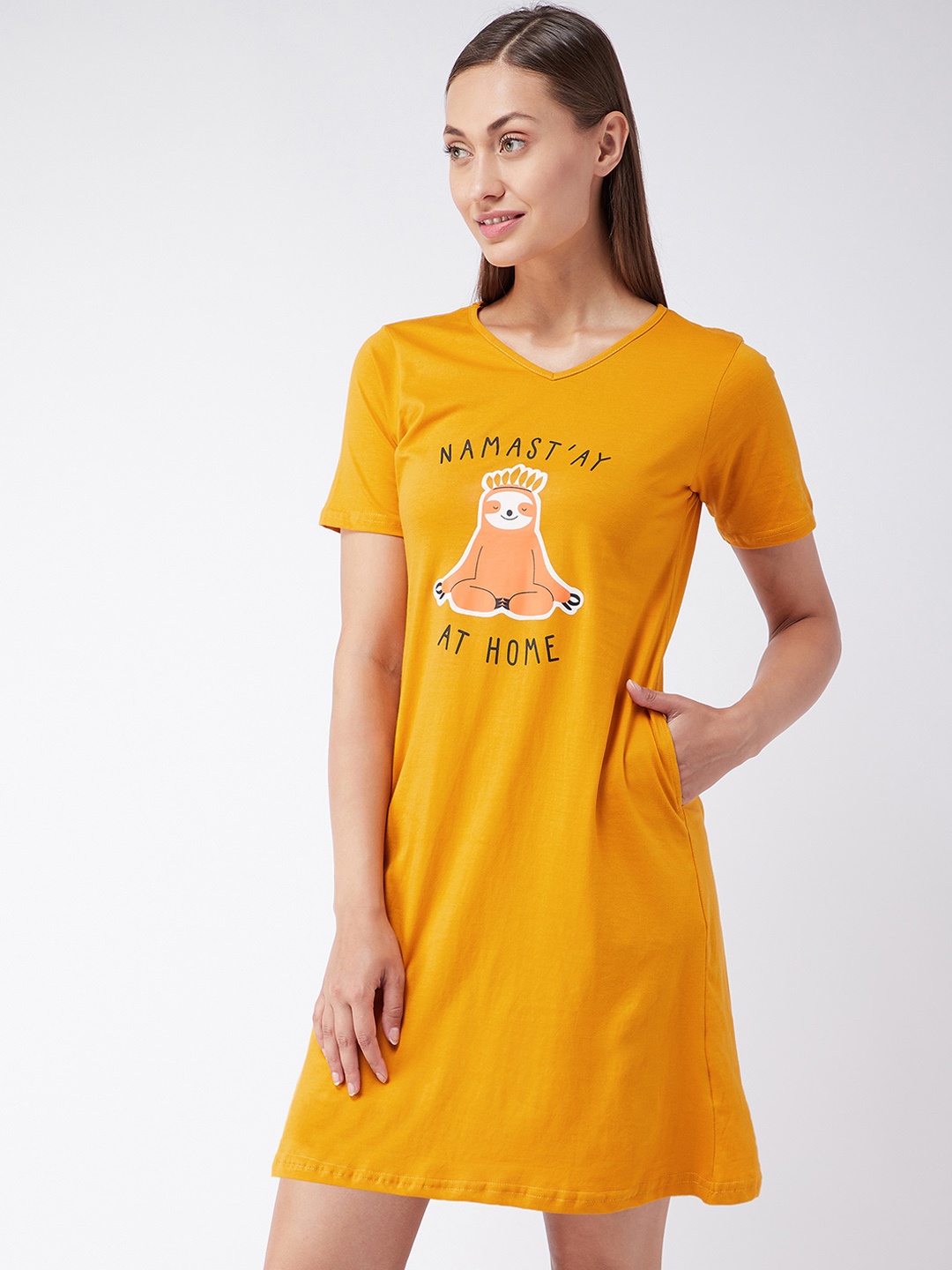 

Miss Chase Mustard Yellow Graphic Printed Pure Cotton T-shirt Nightdress