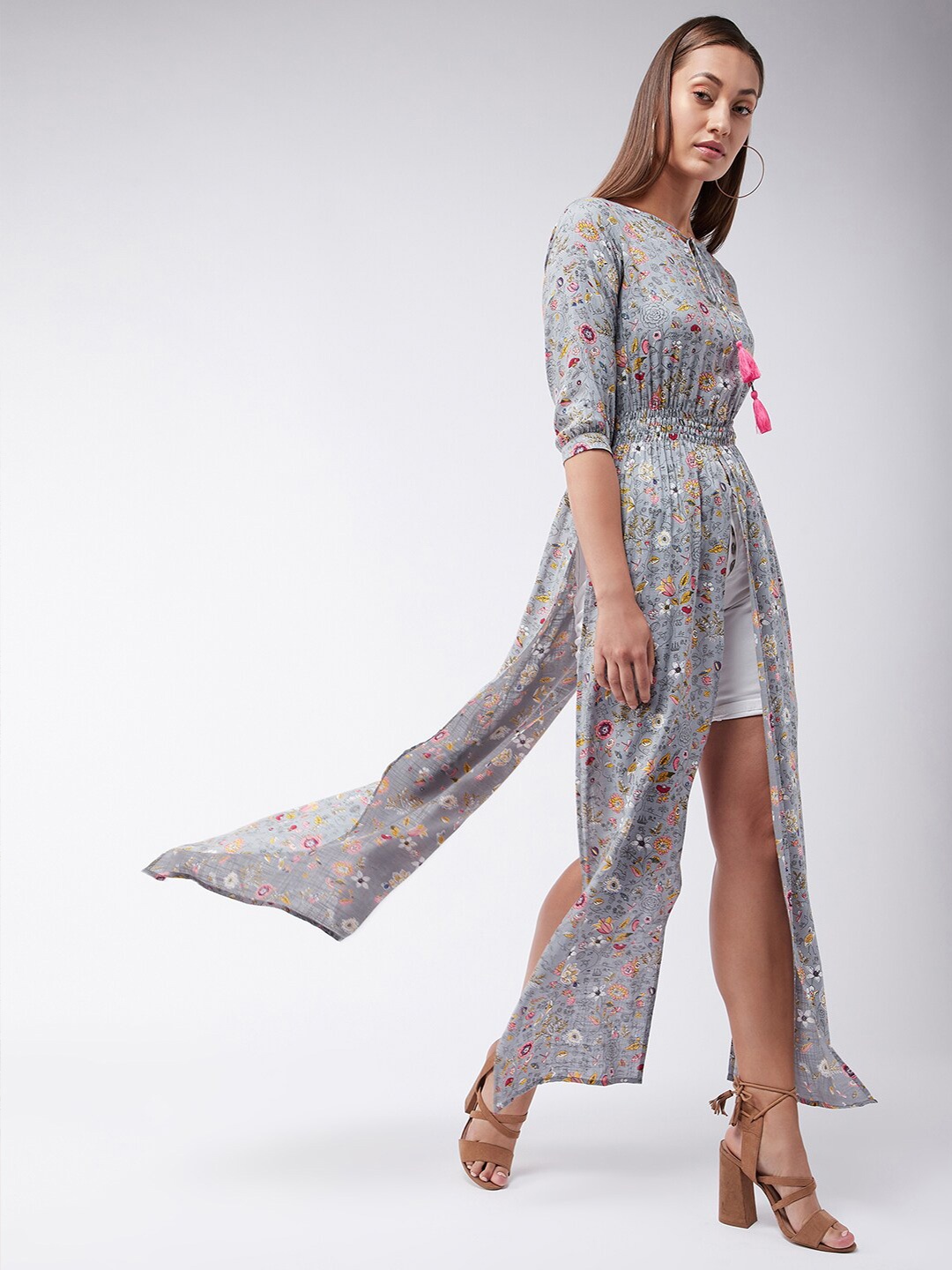 

Miss Chase Grey Floral Print Tie-Up Neck Maxi Longline Top
