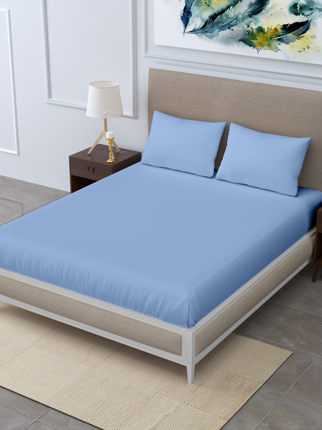 

LINENWALAS Happy Sleeping Blue Cotton 300 TC Queen Bedsheet with 2 Pillow Covers