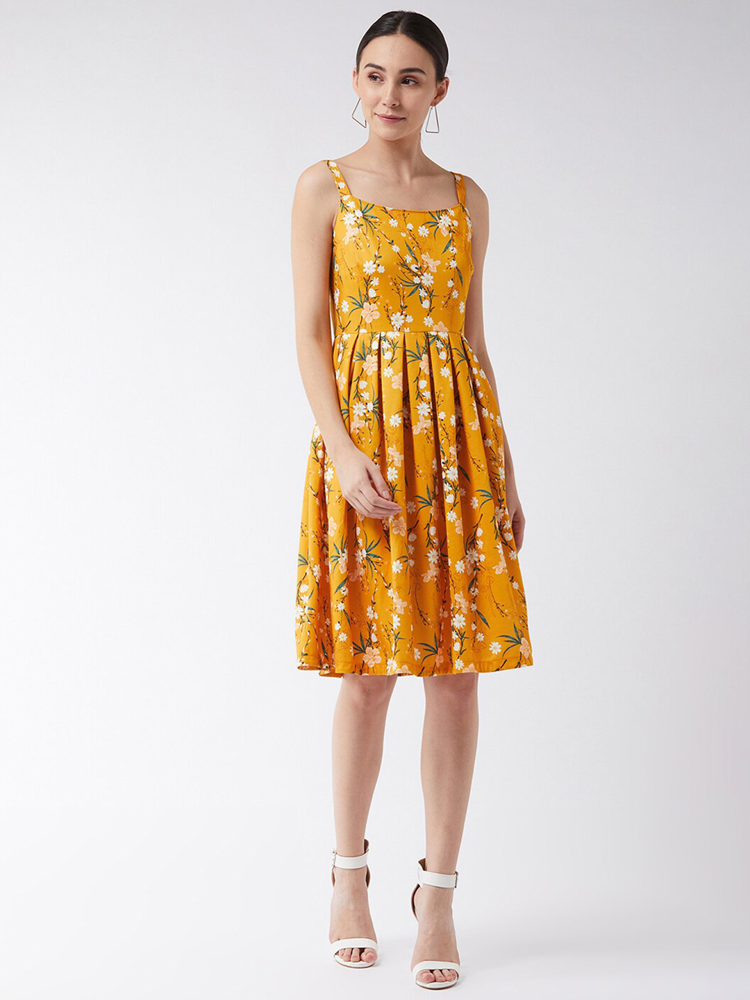 

Miss Chase Women Mustard Yellow & White Floral Fit & Flare Dress