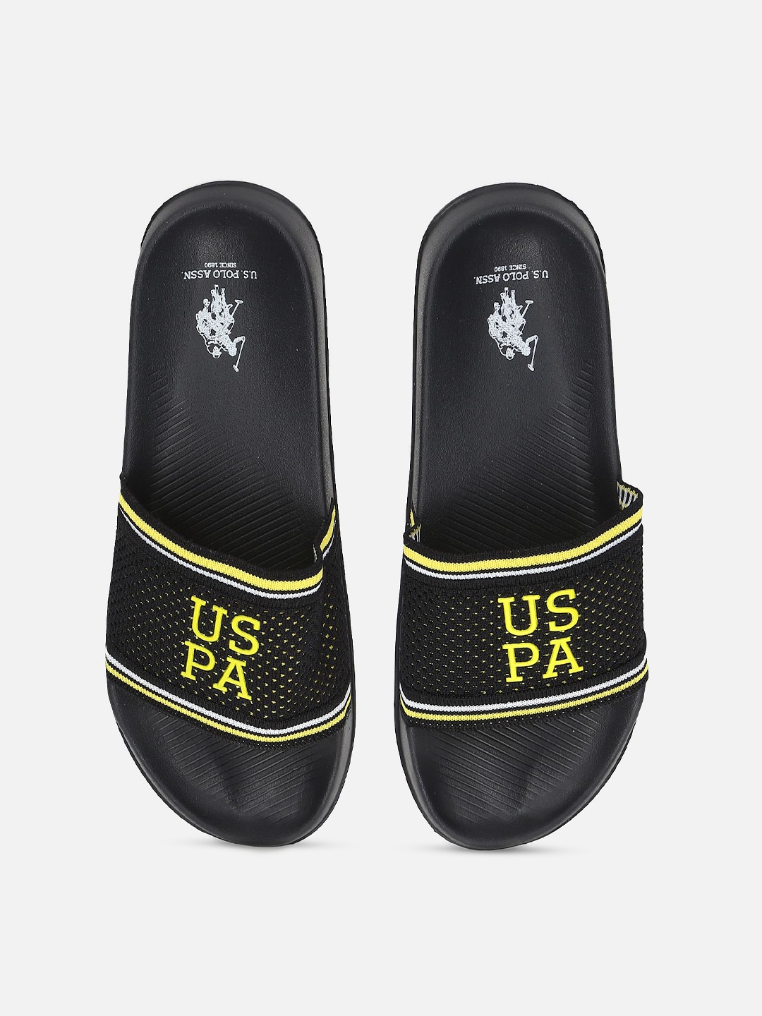 

U S Polo Assn Men Black & Yellow Printed Sliders