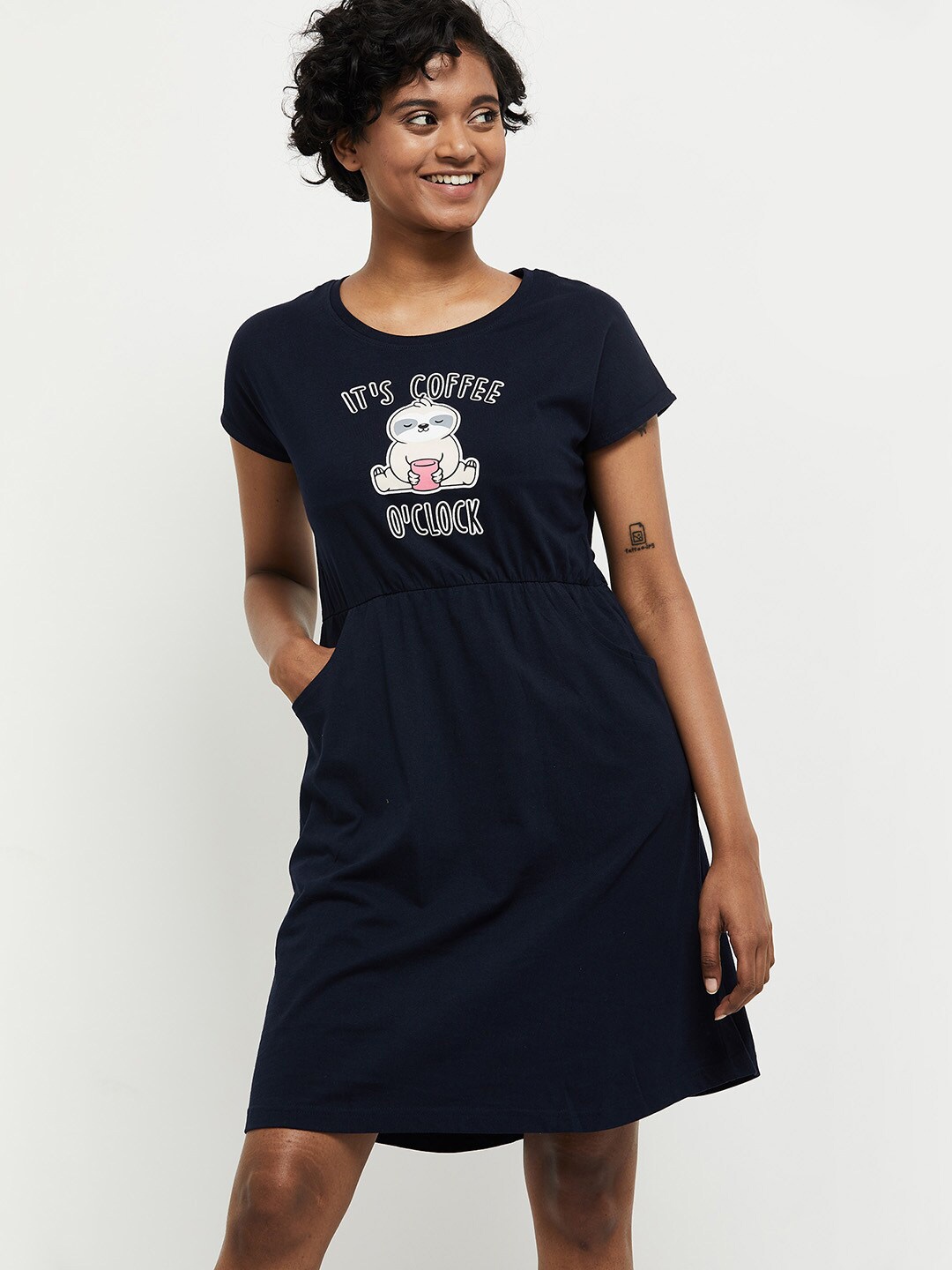 

max Navy Blue Printed Pure Cotton Nightdress