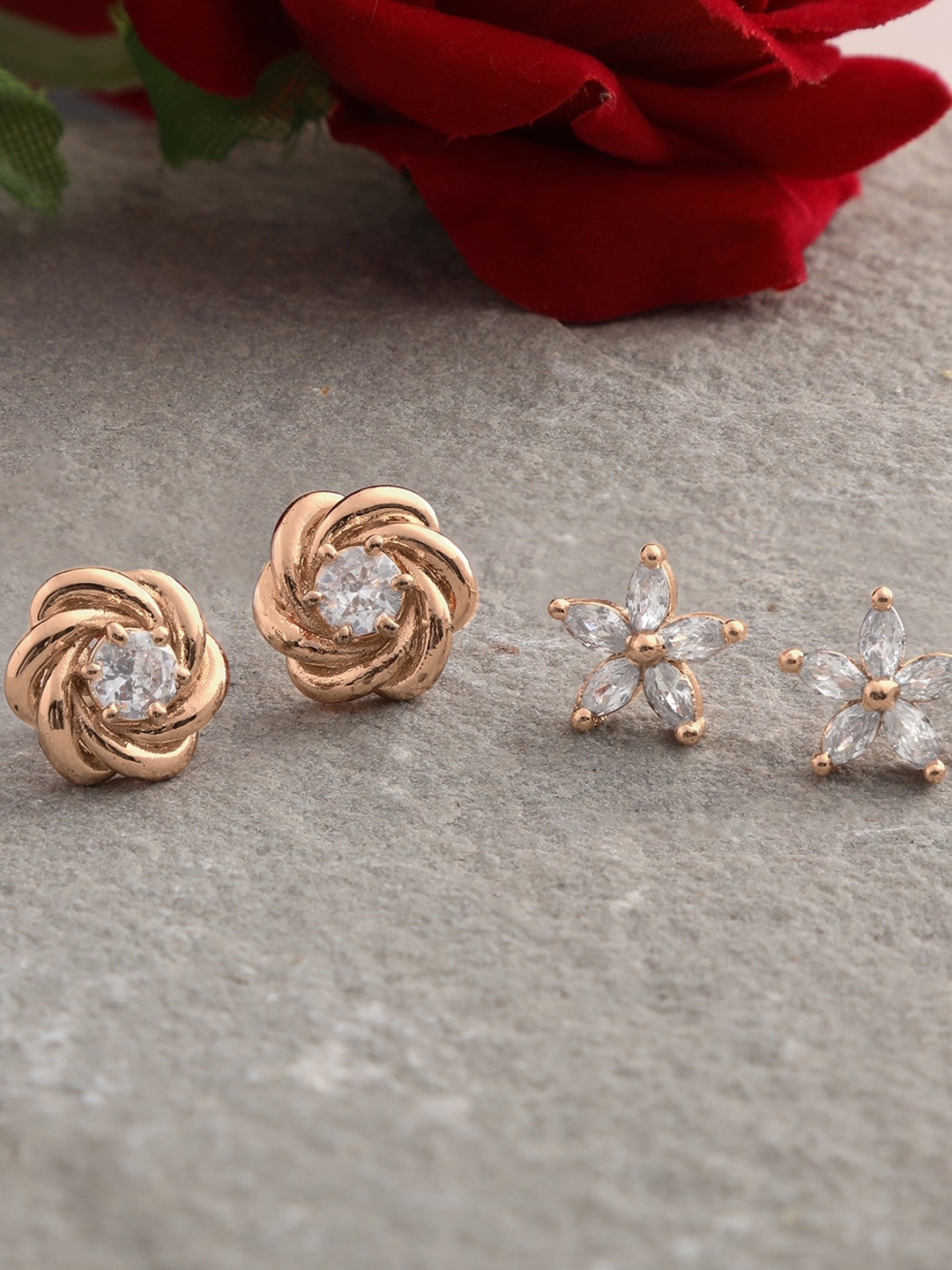 

ZINU Set Of 2 Rose Gold-Plated Contemporary Studs Earrings