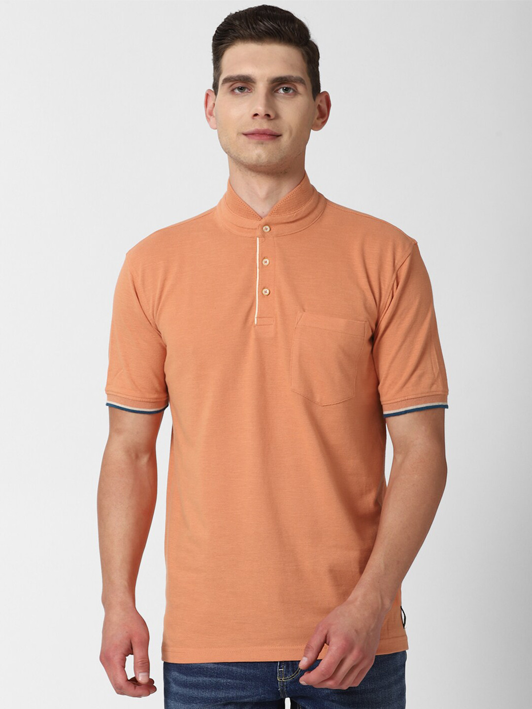 

Peter England Casuals Men Orange Henley Neck Pockets T-shirt