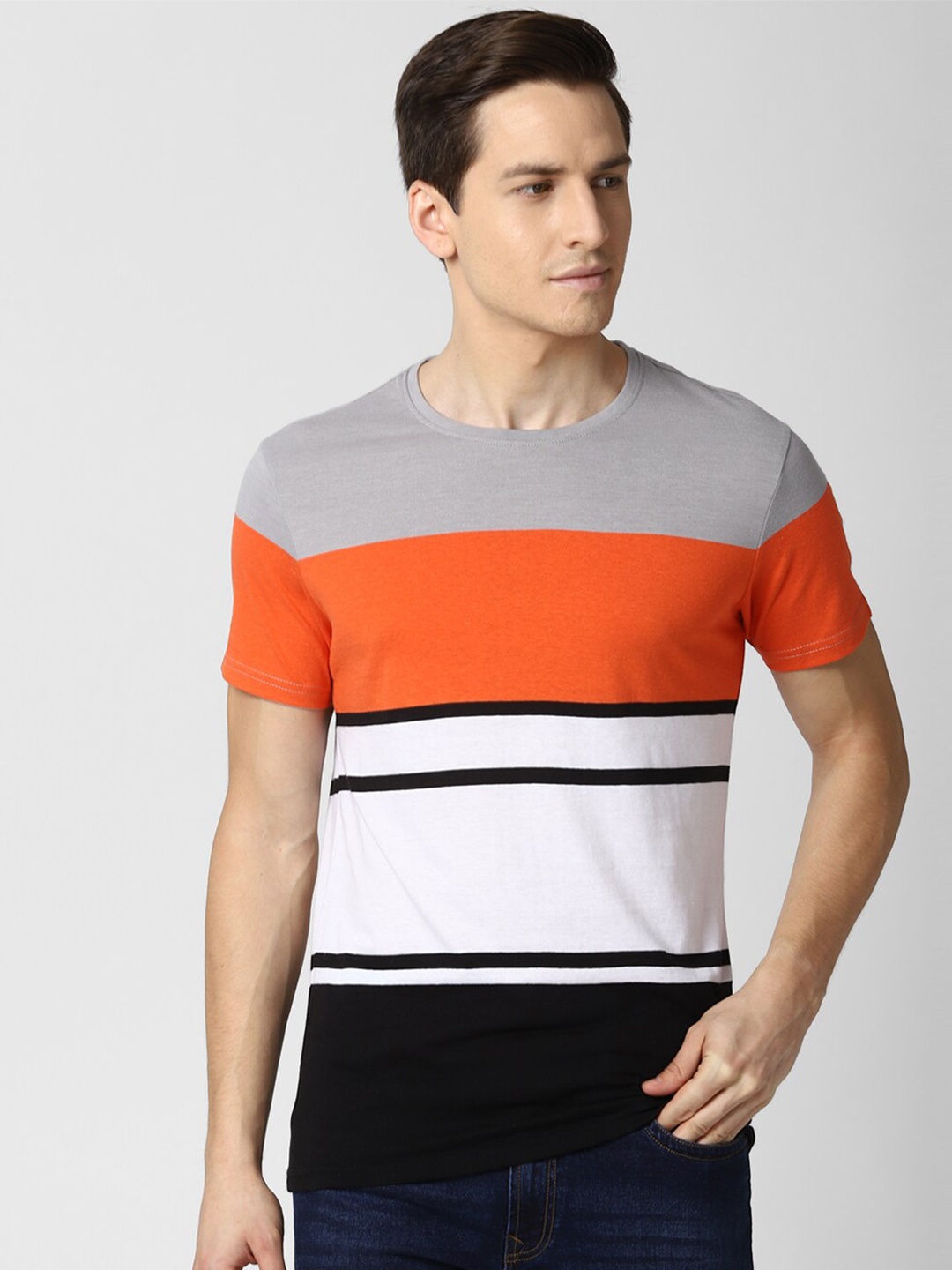 

Peter England Casuals Men White & Orange Colourblocked Slim Fit T-shirt