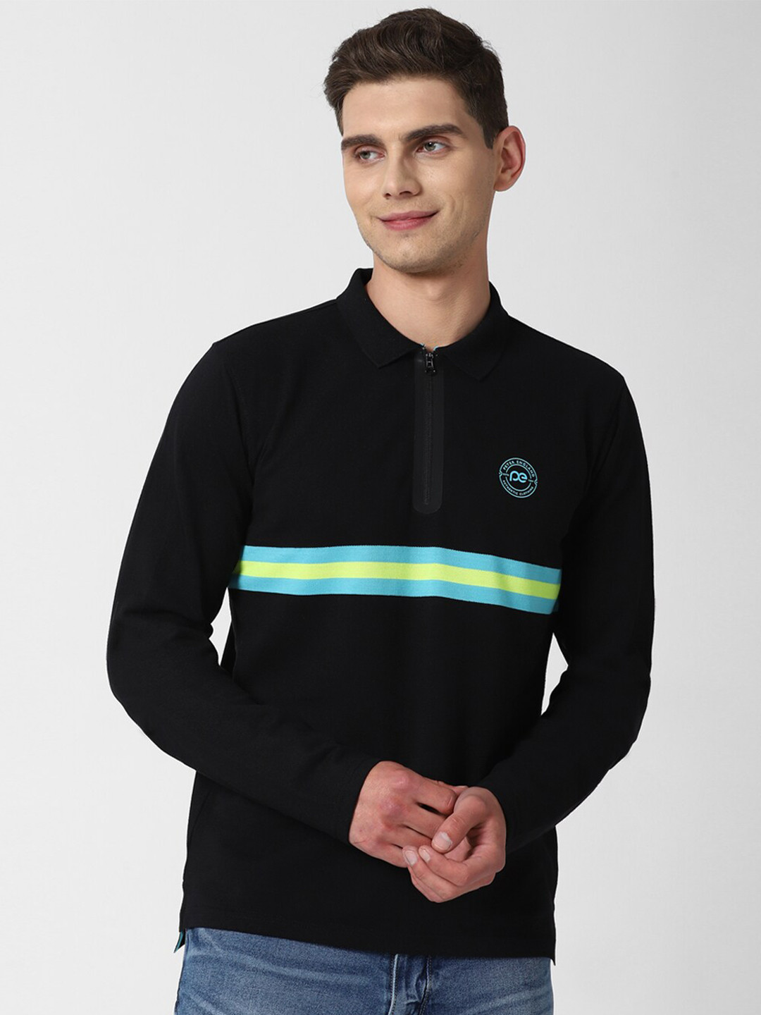 

Peter England Casuals Men Black Mandarin Collar Applique T-shirt