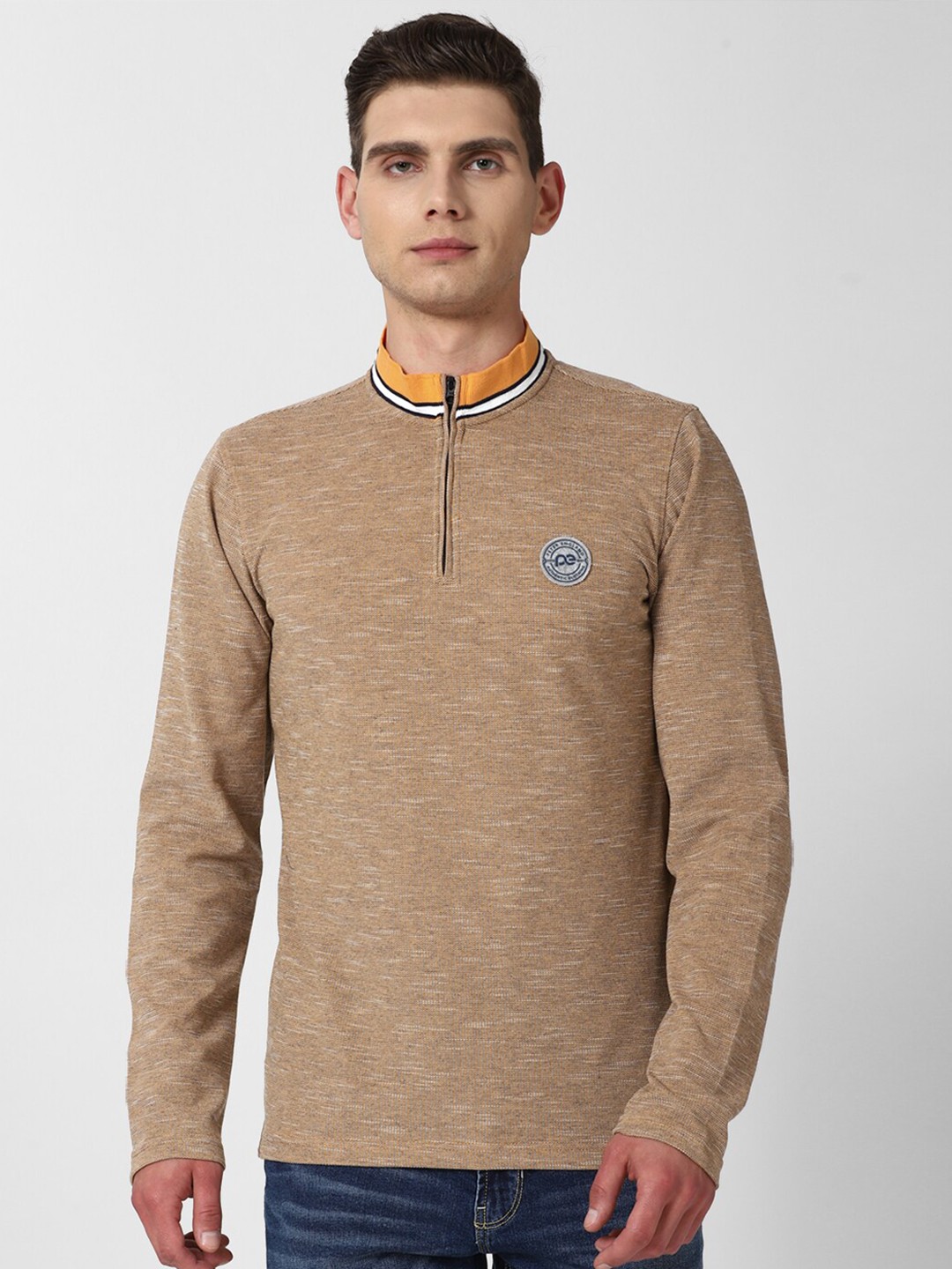 

Peter England Casuals Men Brown Mandarin Collar Applique Slim Fit T-shirt