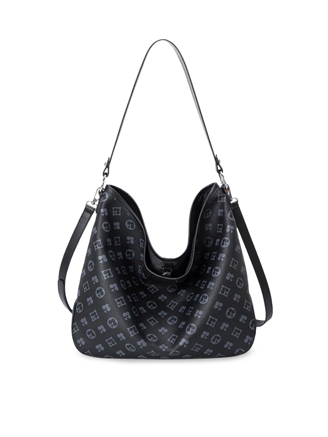 

ELOPPE Black Geometric Printed Leather Structured Shoulder Bag with Quilted